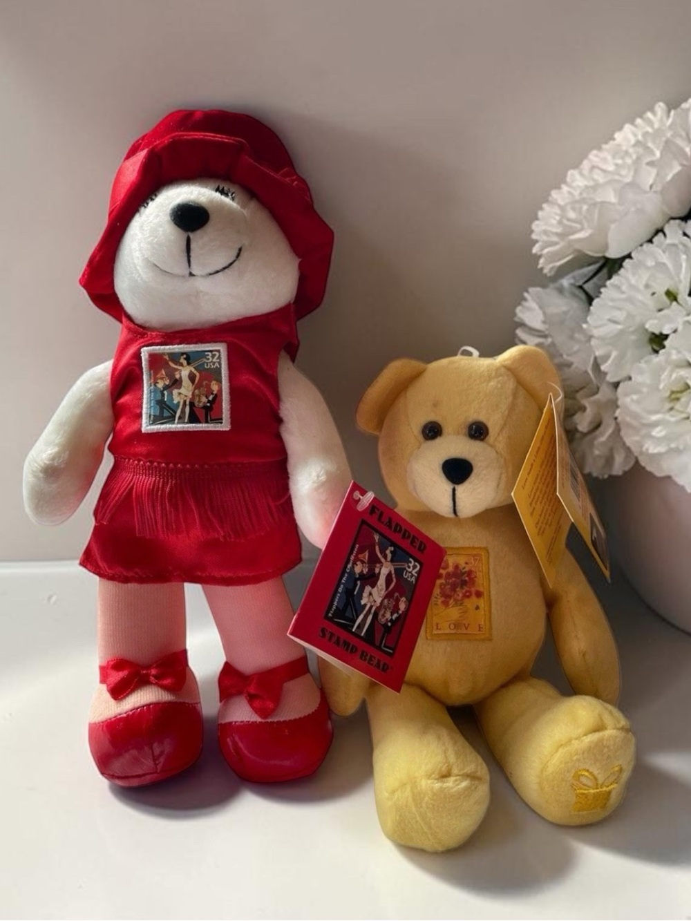 Vintage USPS Stamp Bear Plush Set – Flapper & Bouquet Love Bears w/ Tags 2005